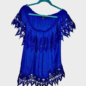 Audrey Lane Off The Shoulder Blue Top Blouse Size 3X Crochet Insets Sleeveless